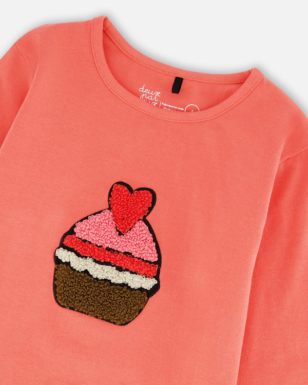 Organic Cotton T-Shirt Coral With Cupcake - H20H70_858