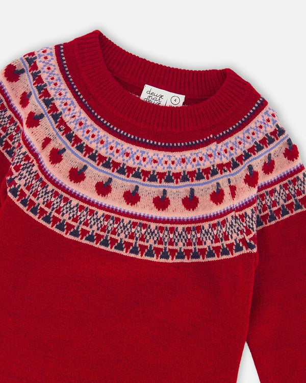Knit Dress Red With Apple Jacquard Yoke - H20IT86_709