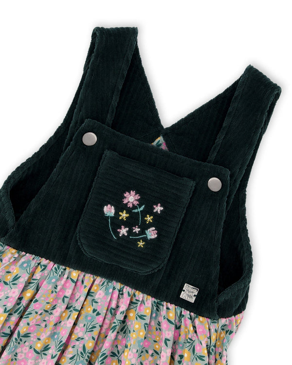 Bi-Material Overall Dress Green With Flower Print - H20J40_074