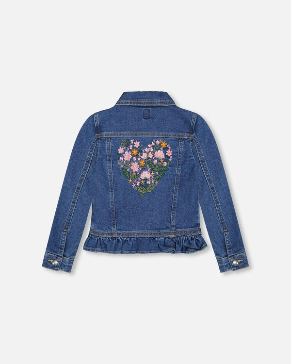 Denim Jacket Blue With Ruffle Hem And Floral Embroidery - H20J50_123