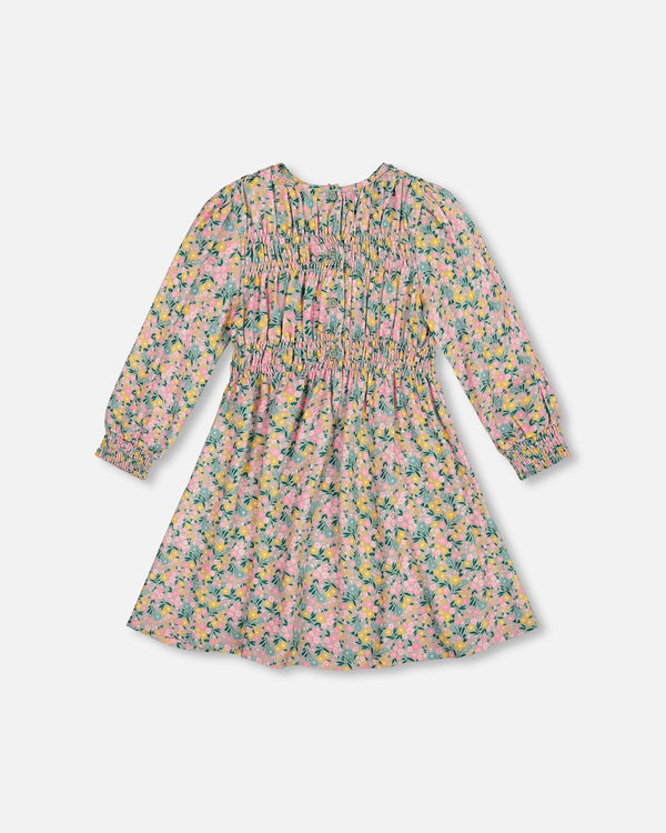 Smocked Viscose Dress Green With Floral Print - H20J87_074