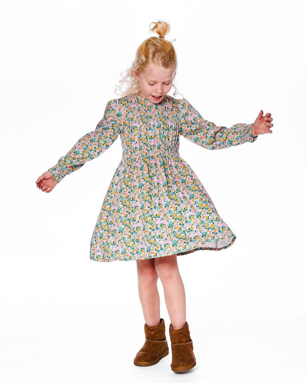 Smocked Viscose Dress Green With Floral Print - H20J87_074