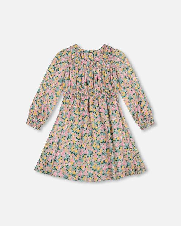 Smocked Viscose Dress Green With Floral Print - H20J87_074