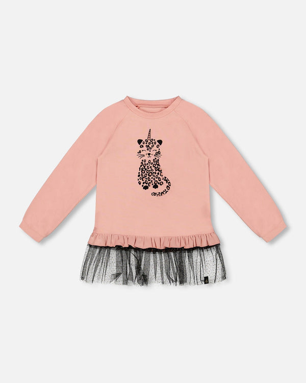 Long Bi-Material Top Dusty Pink With Mesh Ruffle Hem And Leopard Print - H20K76_650
