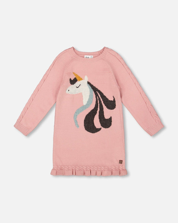 Knitted Dress Dusty Pink With Unicorn Intarsia - H20KT85_650