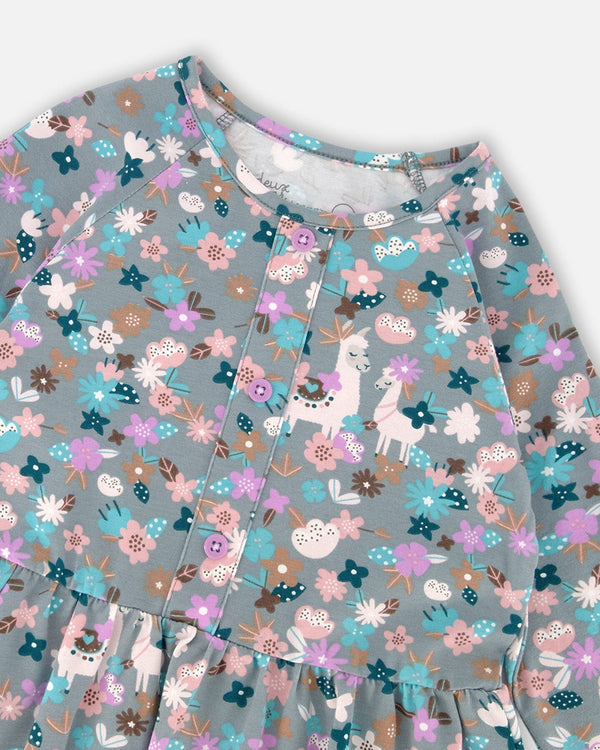 Half Button Organic Cotton Dress Blue Llama Print - H20M88_081