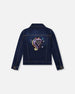 Stretch Denim Jacket Dark Blue With Glittery Hearts And Unicorn - H20N51_123