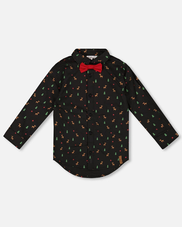 Printed Poplin Shirt Black And Multicolor With Bow Tie - H20OB15_000