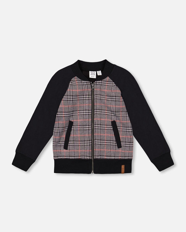 Bi-Material Zip Front Jacket Gray And Black Plaid - H20OB30_000