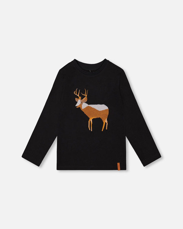 Organic Cotton T-Shirt Black With Boucle Deer Applique - H20OB70_999