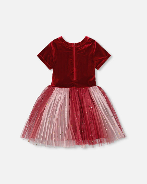 Bi-Material Short Sleeve Party Dress Red - H20OG88_749