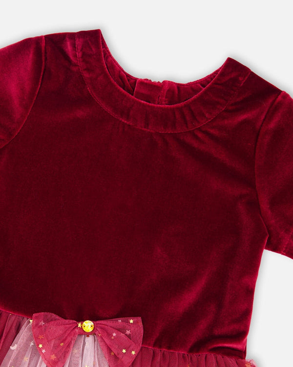 Bi-Material Short Sleeve Party Dress Red - H20OG88_749