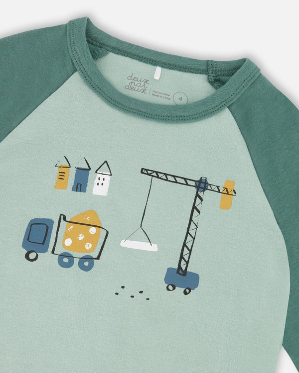 Two-Piece Organic Cotton Pajama Set Teal Construction Print - H20PB10US_065