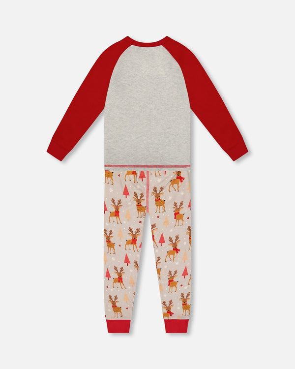 Two-Piece Organic Cotton Pajama Set Beige Reindeer Print - H20PB10US_068