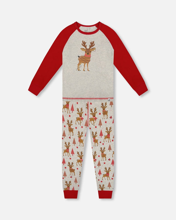Organic Cotton Two-Piece Pajamas Beige Girly Reindeer Print - H20PG10US_041
