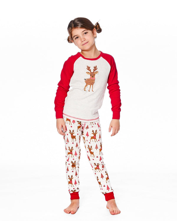 Organic Cotton Two-Piece Pajamas Beige Girly Reindeer Print - H20PG10US_041