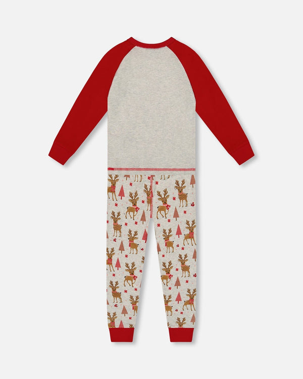 Organic Cotton Two-Piece Pajamas Beige Girly Reindeer Print - H20PG10US_041