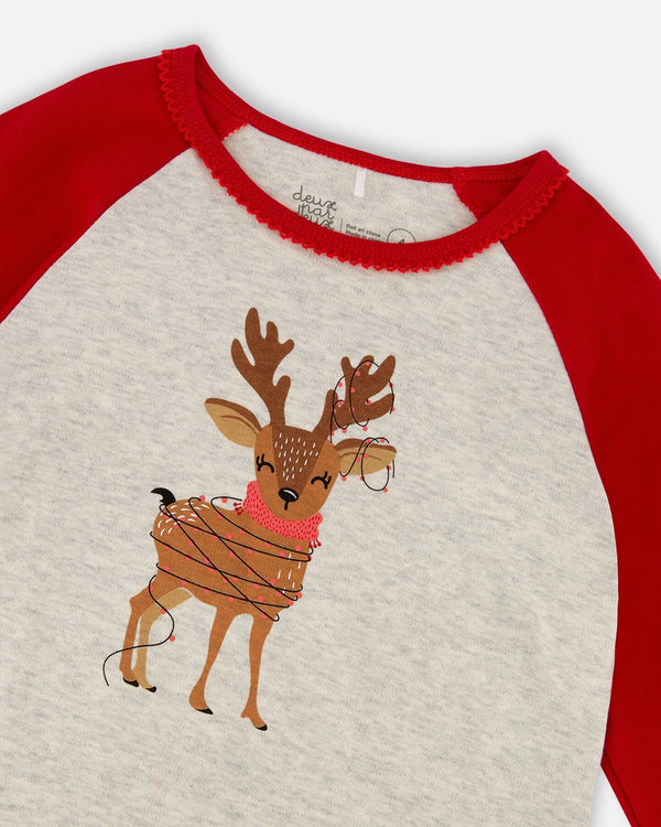 Organic Cotton Two-Piece Pajamas Beige Girly Reindeer Print - H20PG10US_041