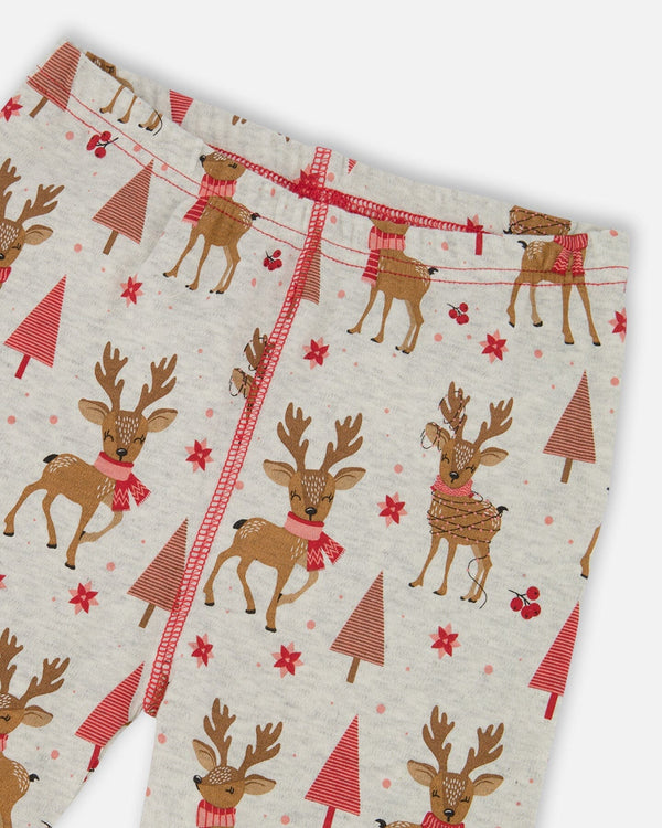 Organic Cotton Two-Piece Pajamas Beige Girly Reindeer Print - H20PG10US_041