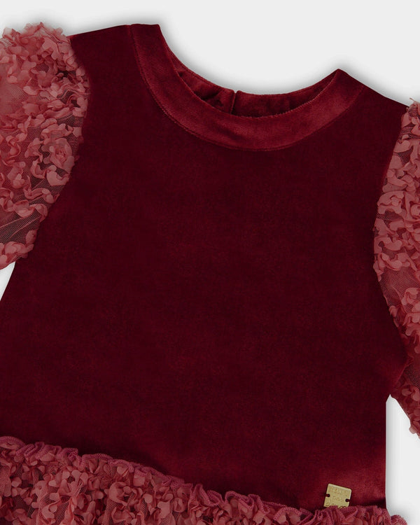Puff Sleeve Bi-Material Velour And Lace Dress Red - H20Q89_758