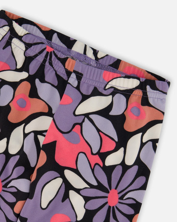 Stretch Jersey Leggings Black Retro Flower Print - H20Z61_013