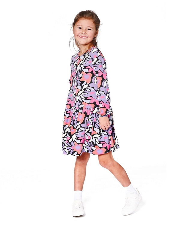 Jersey Dress Black Retro Flower Print - H20Z86_013