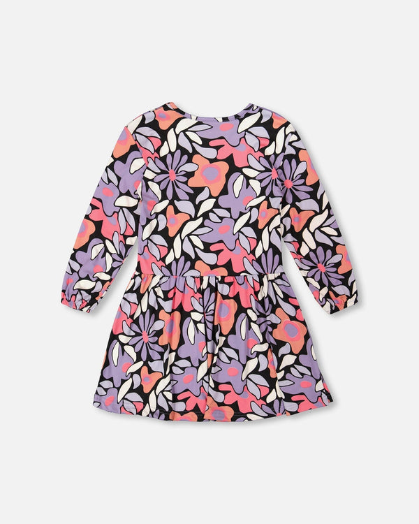 Jersey Dress Black Retro Flower Print - H20Z86_013