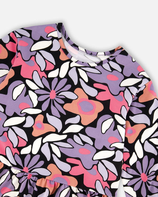 Jersey Dress Black Retro Flower Print - H20Z86_013