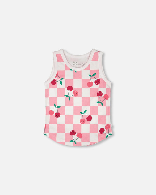 Organic Cotton Jersey Tank Top Pink Printed Cherries - H30L72_3H140