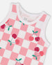 Organic Cotton Jersey Tank Top Pink Printed Cherries - H30L72_3H140