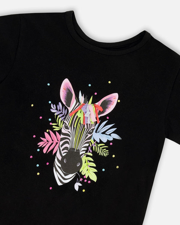 Organic Cotton Jersey T-Shirt Black With Zebra - H30M70_09990