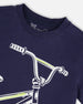 Organic Cotton Jersey T-Shirt With Bike Print Dark Blue - H30U79_04810