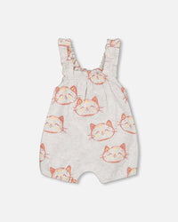 Organic Cotton Pointelle Knit Onesie And Shortall Set Heather Beige With Printed Cat - F30A12_078