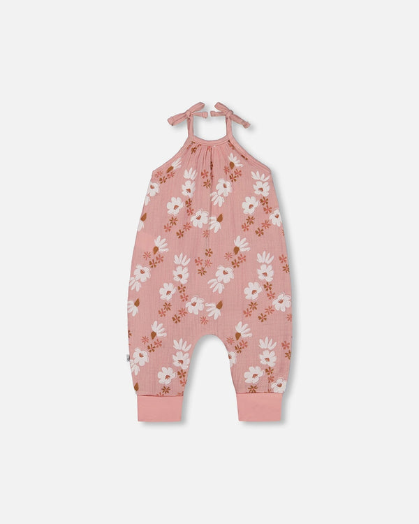 Printed Muslin Tie Strap Jumpsuit Pink And White Flowers - G30A42_067
