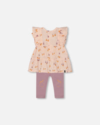 Printed Muslin Tunic And Organic Cotton Legging Set Peach With Pears And Purple - G30B10_070