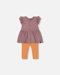 Printed Organic Cotton Dress And Solid Leggings Set Orange And Purple - G30B12_069