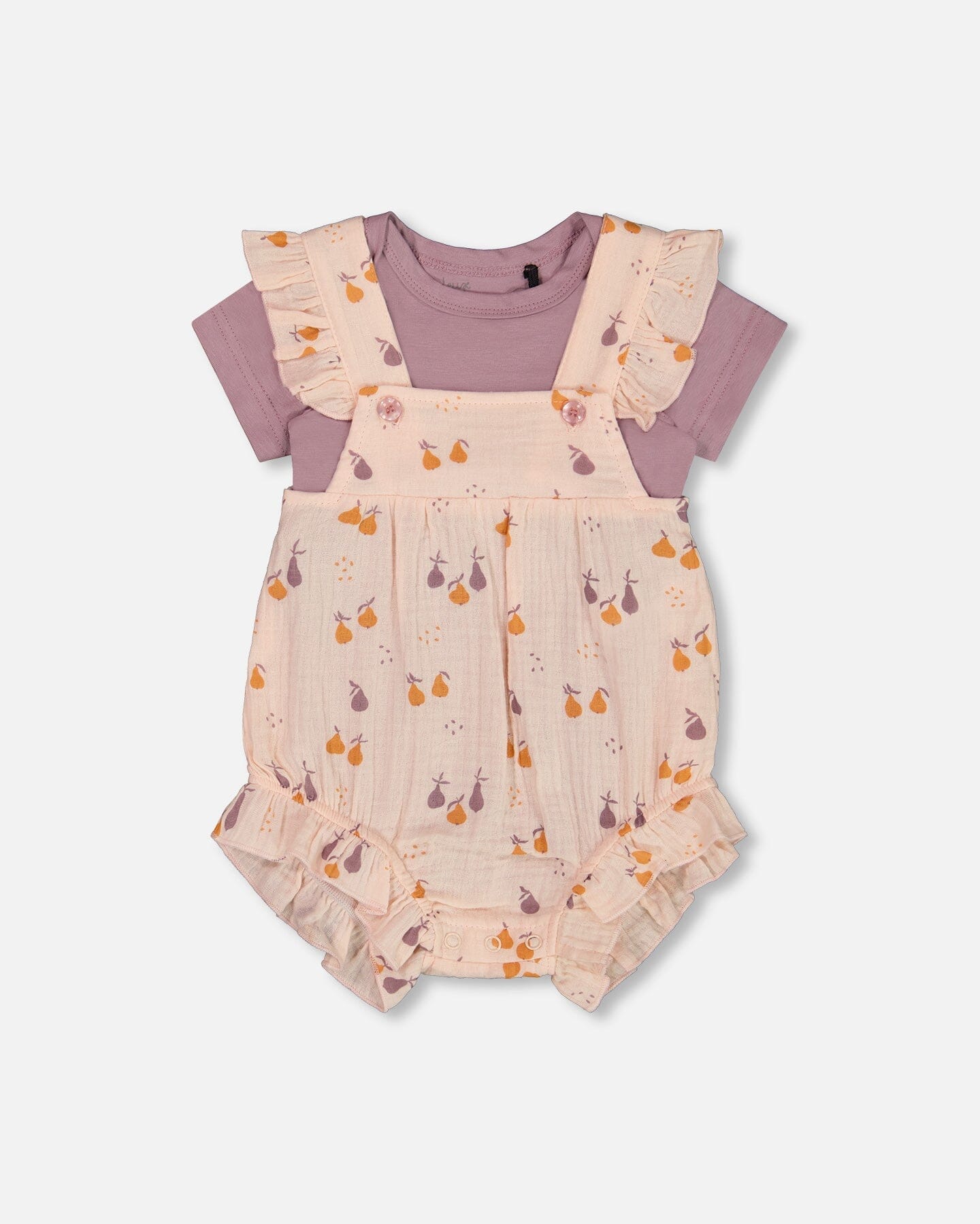 Printed Muslin Shortall And Organic Cotton Onesie Set Peach With Pears - G30B14_070