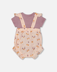 Printed Muslin Shortall And Organic Cotton Onesie Set Peach With Pears - G30B14_070