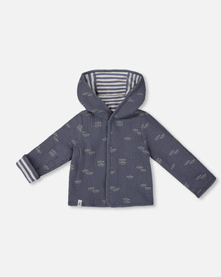 Reversible Organic Cotton Hooded Jacket Navy Striped Blue - G30D30_000