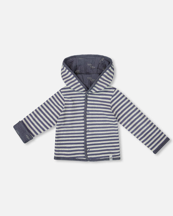 Reversible Organic Cotton Hooded Jacket Navy Striped Blue - G30D30_000