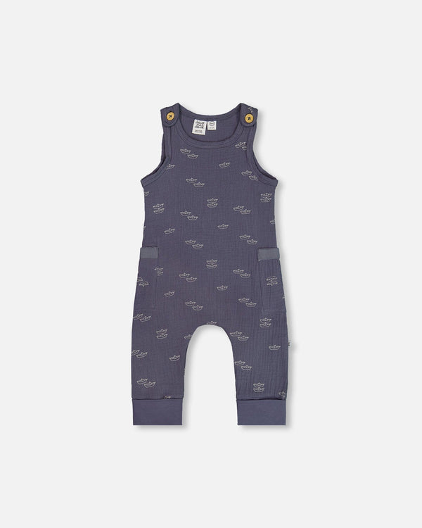 Printed Muslin One-Piece Jumpsuit Navy Blue Paper Boats - G30D41_065
