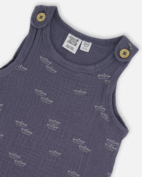 Printed Muslin One-Piece Jumpsuit Navy Blue Paper Boats - G30D41_065