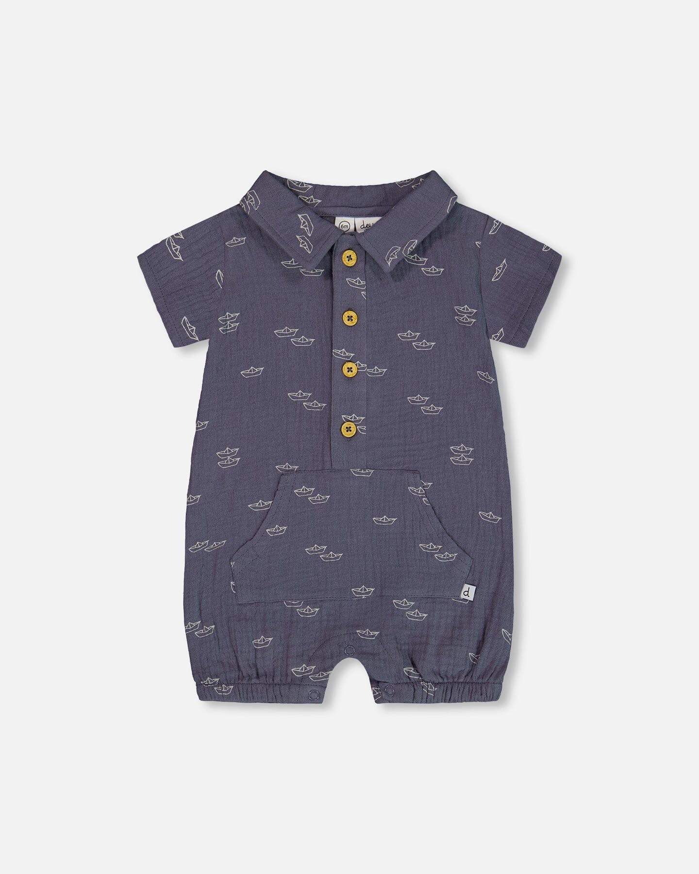 Printed Muslin Romper Navy Blue Paper Boats - G30D42_065