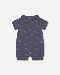 Printed Muslin Romper Navy Blue Paper Boats - G30D42_065