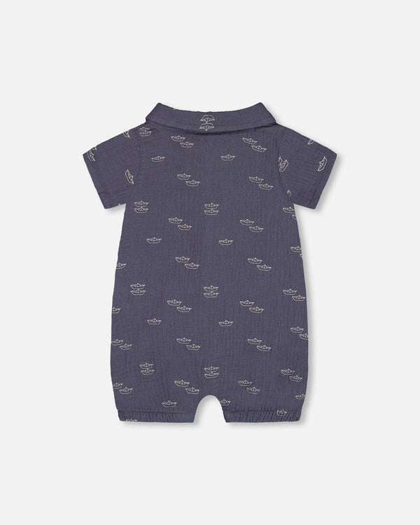 Printed Muslin Romper Navy Blue Paper Boats - G30D42_065