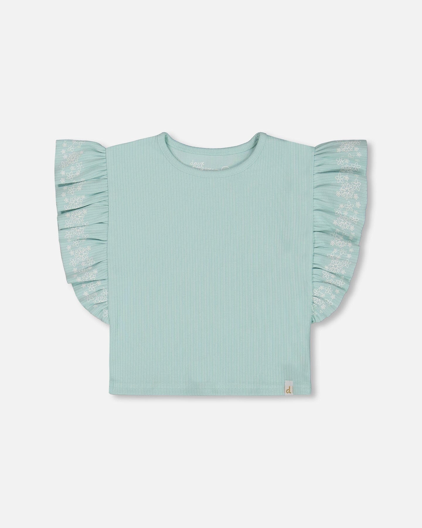 Flat Back Rib Tee With Embroidery And Frills Pale Teal - G30F72_410