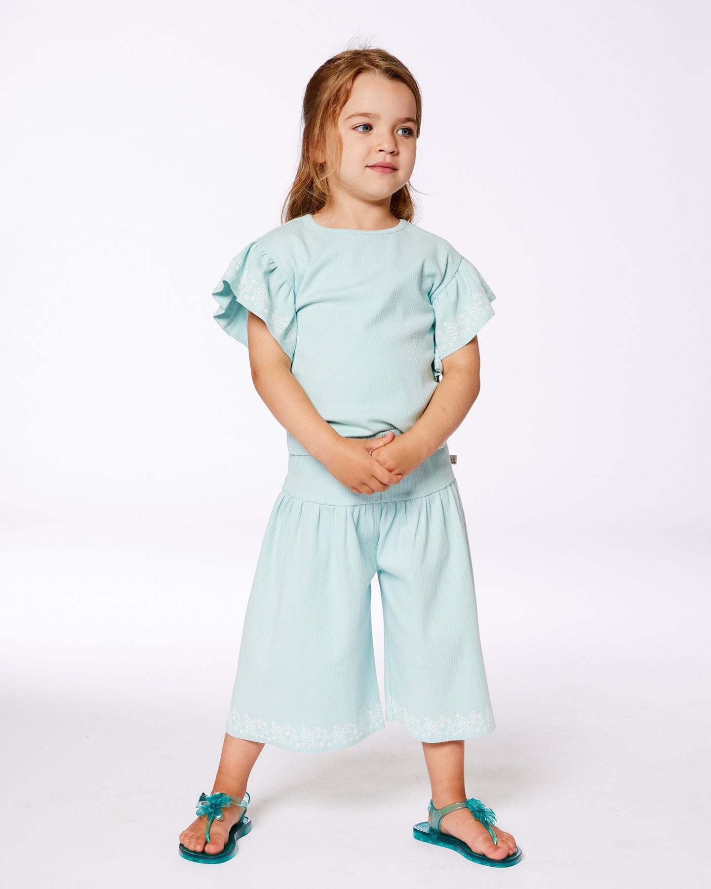 Flat Back Rib Tee With Embroidery And Frills Pale Teal - G30F72_410