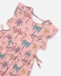Printed Organic Cotton Dress With Cut Outs Palm Trees, Pink Flamingo, And Turquoise - G30H86_039