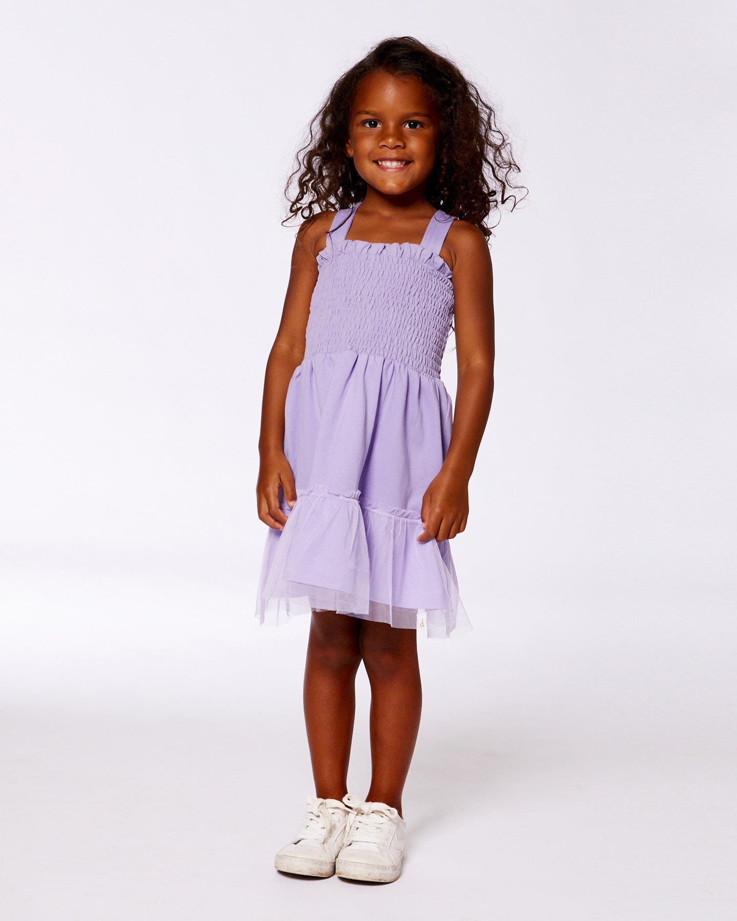 Smocked Organic Cotton Dress With Mesh Frill Lilac - G30H87_564