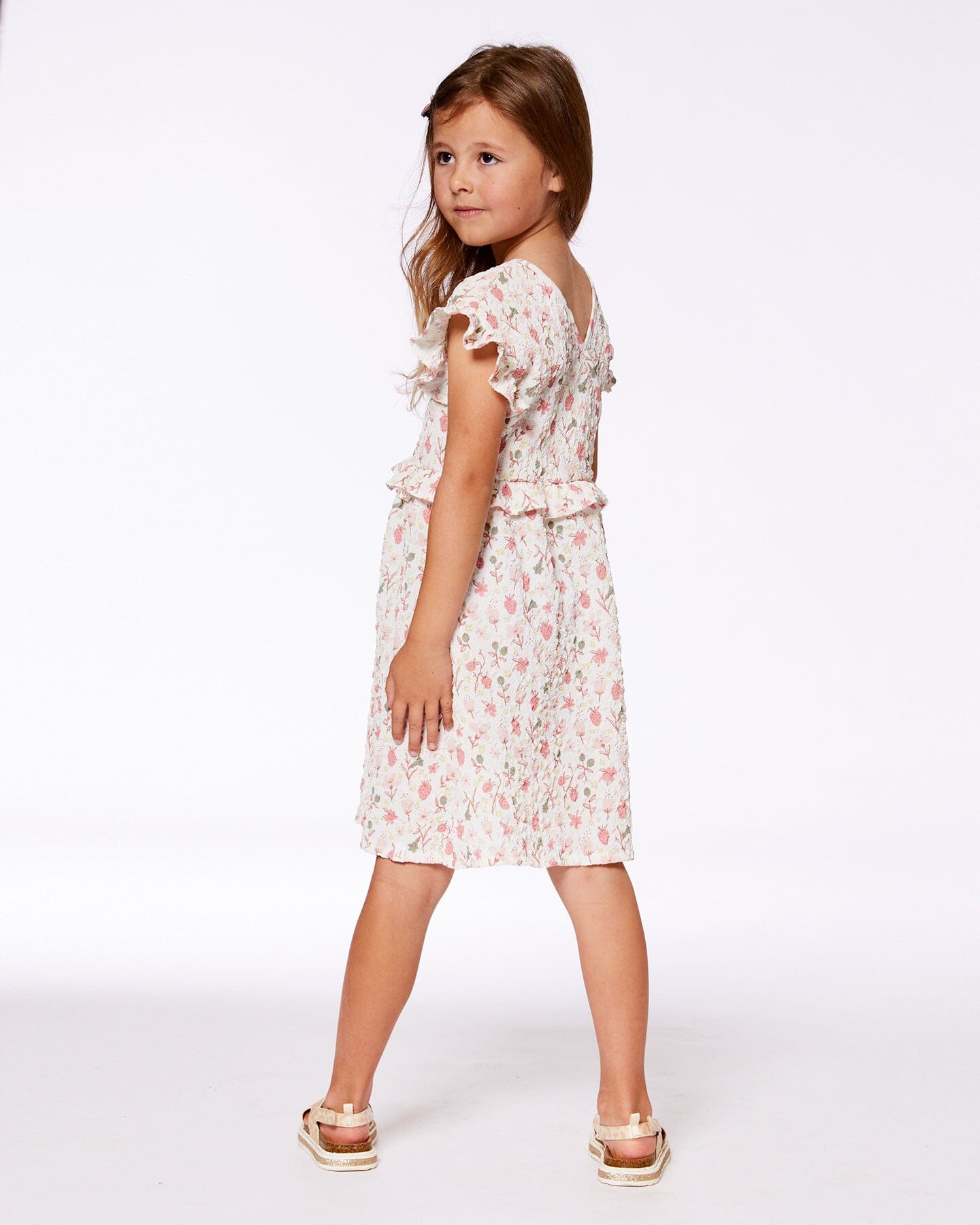 Printed Seersucker Dress With Frill Pink Flowers On Cream Background - G30I88_097